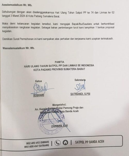 Sebuah proposal beredar luas di kalangan pelaku usaha berisi permintaan bantuan dana dari Satpol PP-WH Kota Banda Aceh