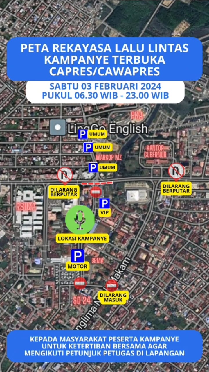 Ditlantas Polda Aceh akan merekayasa arus lalu lintas untuk mengantisipasi kemacetan saat kampanye terbuka pasangan Prabowo—Gibran di pelataran parkir Stadion H Dimurthala Lampineung Banda Aceh, Sabtu besok (3/2)