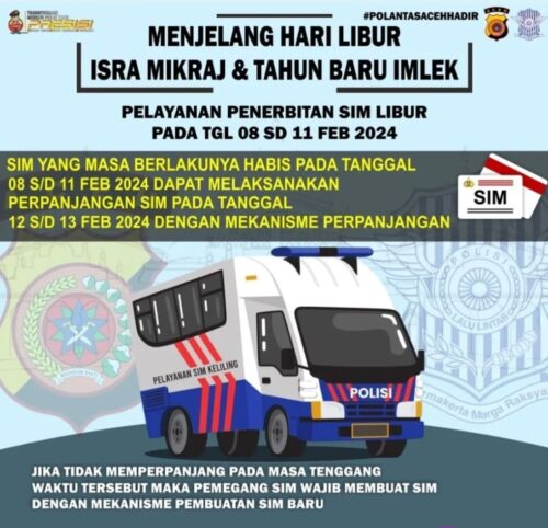 Sehubungan dengan libur panjang Isra Mikraj Nabi Muhammad SAW dan Tahun Baru Imlek tahun 2024, jadwal pelayanan SIM di Polda Aceh dan Polres jajaran mengalami penyesuaian