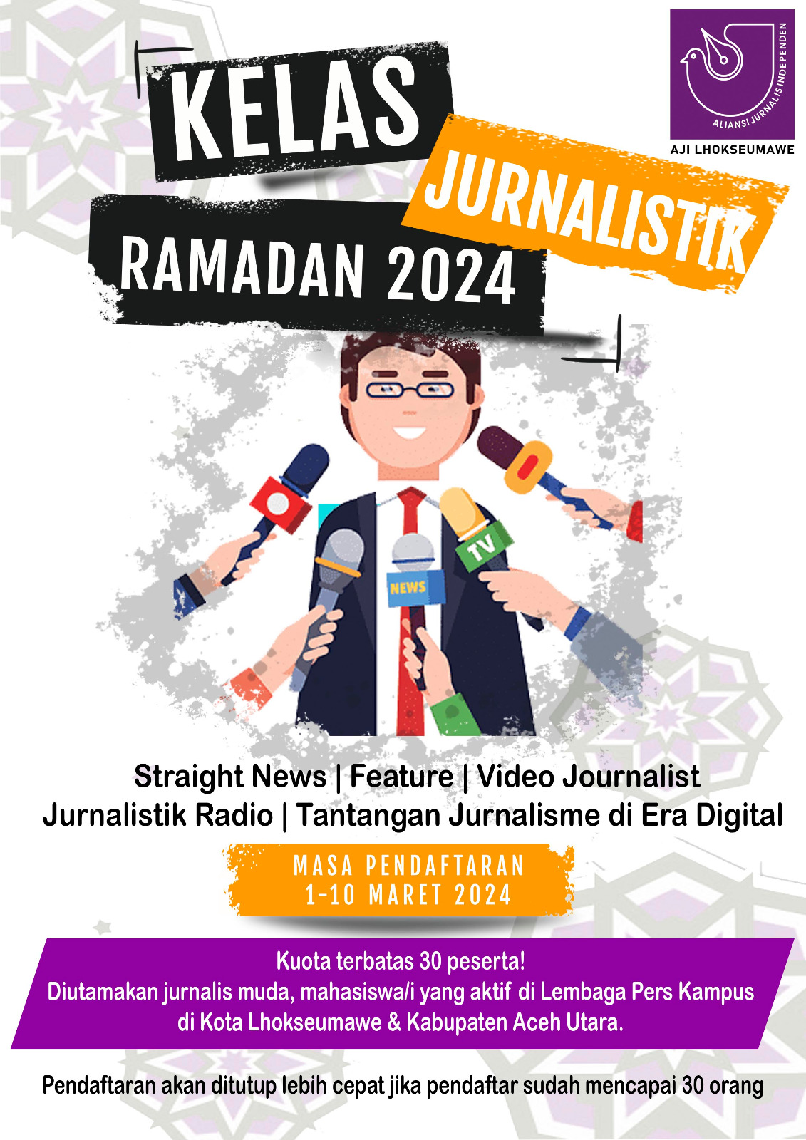 Aliansi Jurnalis Independen (AJI) Lhokseumawe kembali membuka Kelas Jurnalistik Ramadan (KJR) 1445 Hijriah/2024 M