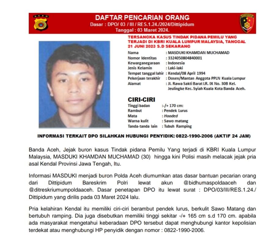 Penyidik Ditreskrimum Polda Aceh mengeluarkan DPO terhadap tersangka kasus tindak pidana pemilu yang terjadi di KBRI Kuala Lumpur, Malaysia, atas nama Masduki Khamdan Muchamad (30)