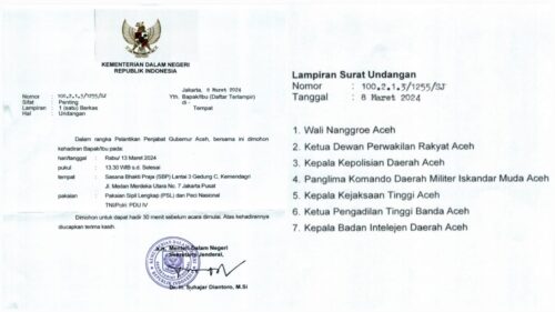 Pihak Kemendagri turut mengundang Unsur Forkopimda Aceh untuk menghadiri pelantikan Pj Gubernur Aceh Bustami Hamzah pada Rabu, 13 Maret 2024 di Jakarta