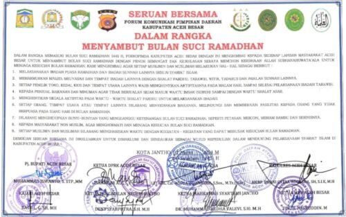 Forkopimda Aceh Besar mengeluarkan Seruan Bersama dalam rangka menyambut bulan suci Ramadhan 1445 Hijriah
