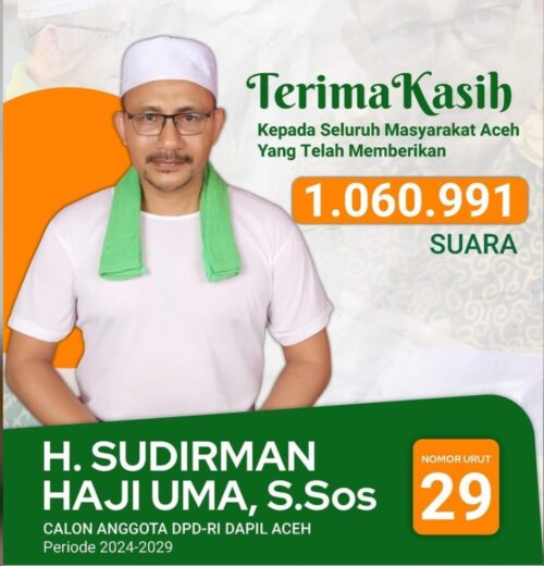 H Sudirman Haji Uma kembali terpilih sebagai anggota DPD RI dengan suara terbanyak lebih dari satu juta suara