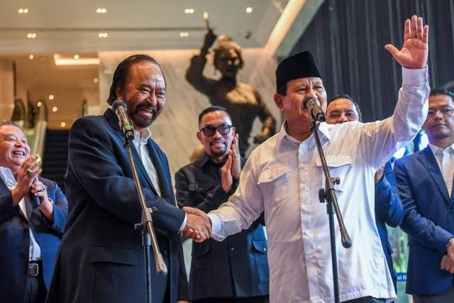 Konferensi pers Surya Paloh dan Prabowo Subianto di NasDem Tower, Jum'at (22/3)