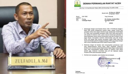 Ketua DPRA Zulfadli melalui balasan suratnya menolak menghadiri rapat fasilitasi Kemendagri RI terkait keterlambatan pengesahan APBA Aceh 2024 pada Senin (4/3) di Jakarta