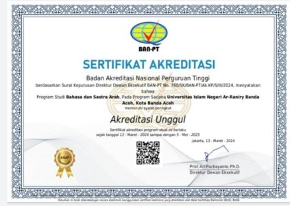 Prodi Bahasa dan Sastra Arab (BSA) Fakultas Adab dan Humaniora (FAH) UIN Ar-Raniry meraih akreditasi Unggul dari Badan Akreditasi Nasional Perguruan Tinggi (BAN-PT)