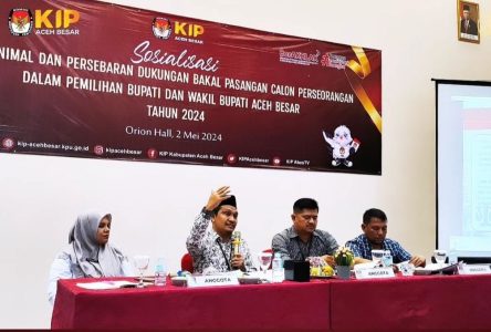 KIP Aceh Besar menyosialisasi syarat calon independen Bupati dan Wakil Bupati Aceh Besar Tahun 2024 di Orion Hall, Jalan Soekarno-Hatta, No. 17 Gampong Garot, Kecamatan Darul Imarah, Kamis (2/5)