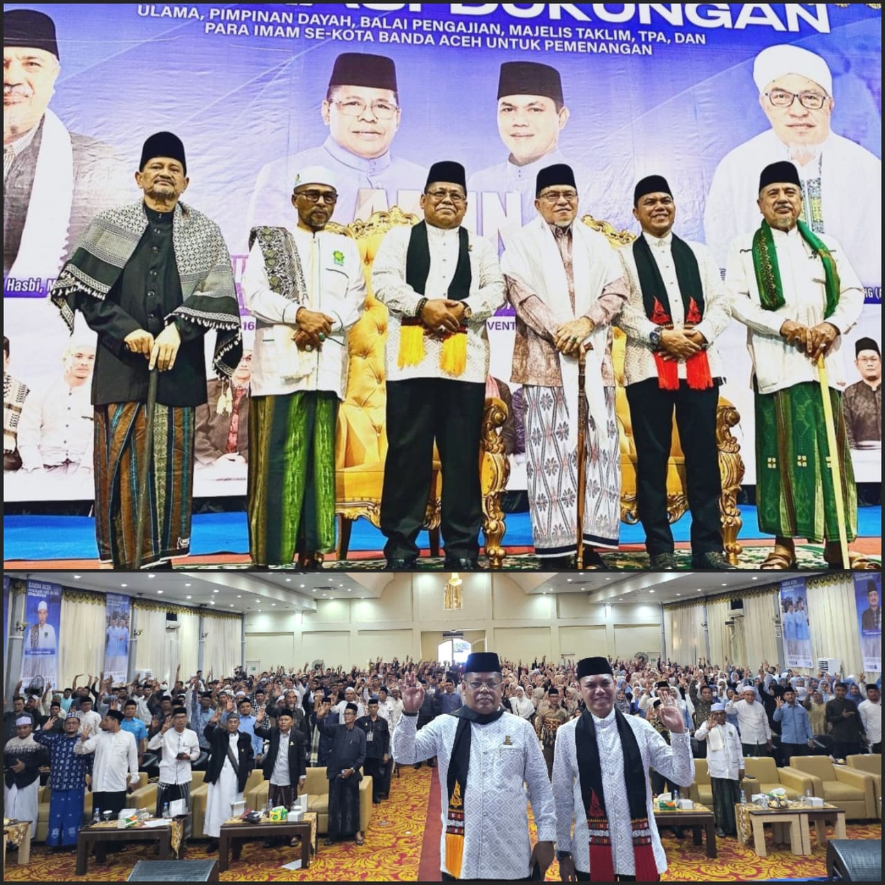 Deklarasi dukungan ulama, pimpinan dayah dan majelis taklim untuk paslon wali kota/wakil wali kota Banda Aceh nomor urut 03 Aminullah-Isnaini di Amel Convention Hall, Lamteh, Banda Aceh, Sabtu (16/11).