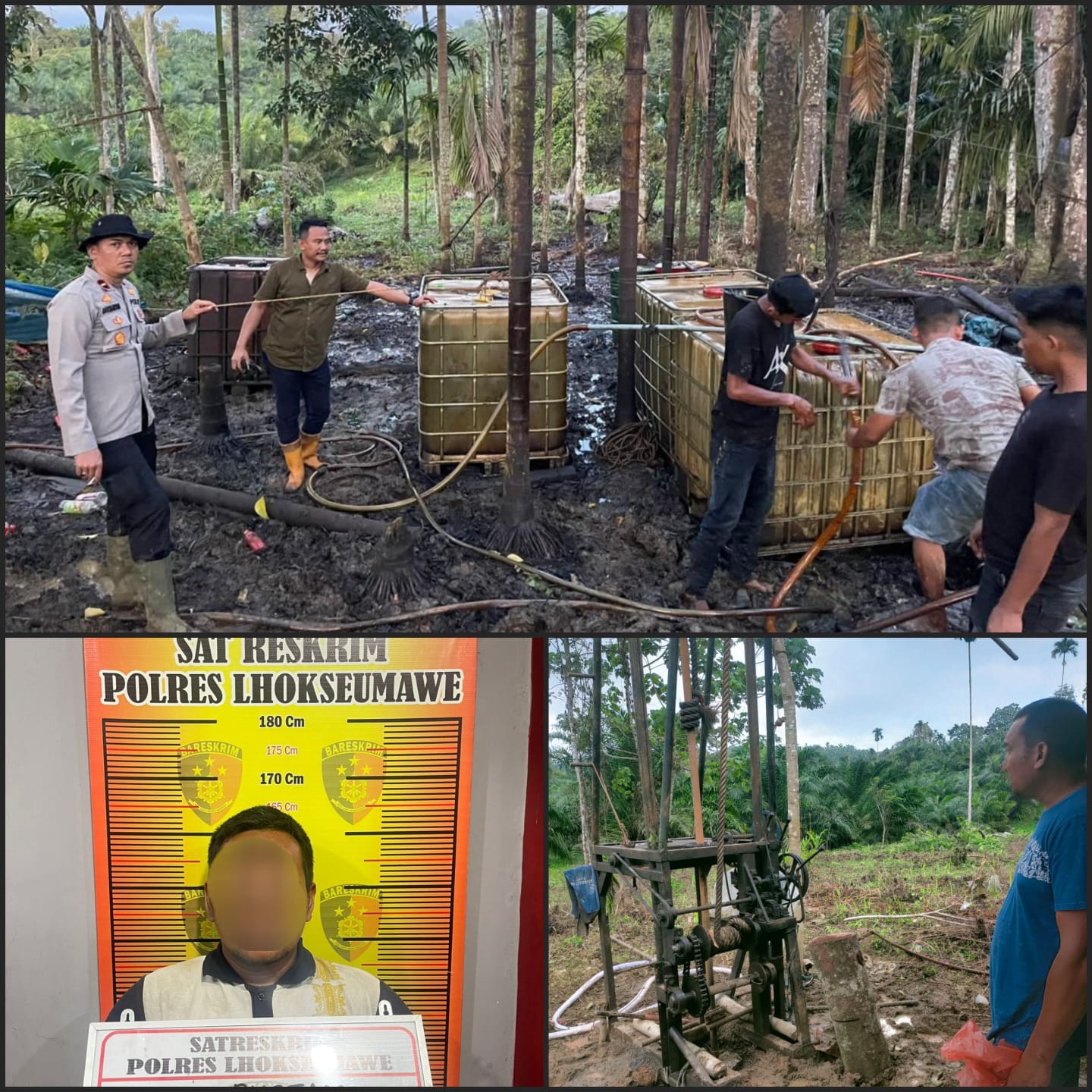 Polres Lhokseumawe mengungkap eksploitasi sumur minyak mentah ilegal di Gampong Kilometer 8, Kecamatan Simpang Keuramat, Aceh Utara dan menangkap seorang pelaku berinisial Bus (45), yang berprofesi nelayan. (Foto: Dok. Polres Lhokseumawe)