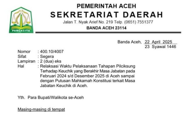 Pemerintah Aceh menginstruksikan penundaan tahapan Pemilihan Keuchik Langsung (Pilchiksung) yang masa jabatannya berakhir Februari 2024 hingga Desember 2025. (Foto: For Infoaceh.net)