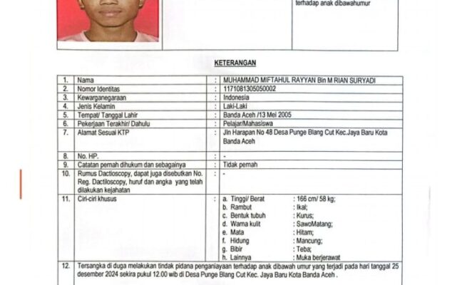 Polresta Banda Aceh mengeluarkan DPO terhadap Muhammad Miftahul Rayyan (19), warga Gampong Punge Blang Cut, Kecamatan Jaya Baru dalam perkara penganiayaan anak di bawah umur