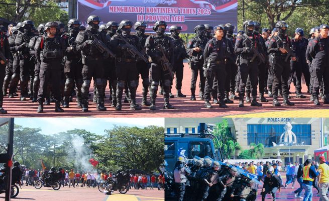 Polda Aceh menggelar simulasi Sistem Pengamanan Kota (Sispamkota) dalam rangka menghadapi kontijensi tahun 2025 di Lapangan Mapolda Aceh, Selasa, 29 April 2025