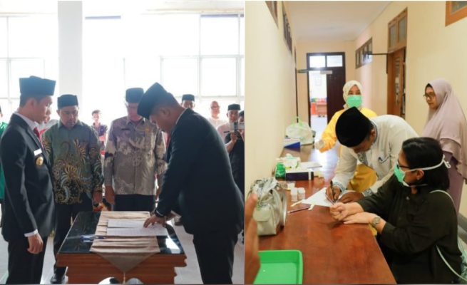 Bupati Aceh Barat Tarmizi SP melantik tujuh pejabat tinggi pratama eselon II di lingkungan Pemkab Aceh Barat, Jum'at sore(2/5). Sebelum dilantik, mereka menjalani tes urine. (Foto: For Infoaceh.net)