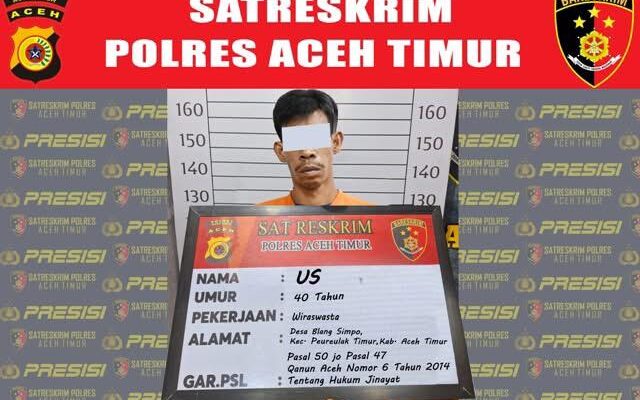 Tim Opsnal Satreskrim Polres Aceh Timur mengamankan seorang pria berinisial US (40), warga Desa Blang Simpo, Kecamatan Peureulak Timur, Kabupaten Aceh Timur yang diduga pelaku pemerkosaan dan pelecehan seksual terhadap anak
