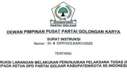 Instruksi DPP Partai Golkar terkait larangan penunjukan pelaksana tugas (Plt) Ketua DPD Partai Golkar di tingkat kabupaten/kota. (Foto: Ist)