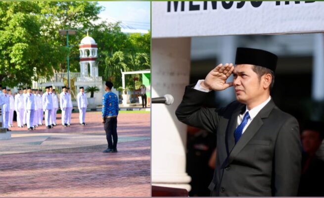 Plt Sekda Aceh M. Nasir Syamaun memimpin upacara Hari Lahir Pancasila di halaman Kantor Gubernur Aceh, Ahad pagi (1/6/2025).