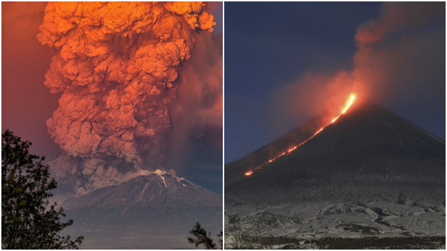 Gunung berapi Klyuchevskoy di Semenanjung Kamchatka, Rusia, meletus tak lama setelah gempa dahsyat bermagnitudo 8,8 mengguncang kawasan tersebut, Rabu (30/7/2025).