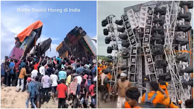 Warga India membongkar tenda di pinggir jalan demi jalur truk pengangkut sound horeg raksasa dalam sebuah acara di kawasan Paschim Medinipur, India Timur. (Instagram/@fakta.jakarta)