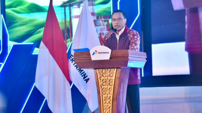 Direktur Utama Pertamina Simon Aloysius Mantiri saat membuka Pertamina Supplier Relationship Management Summit 2025 di Grha Pertamina, Jakarta, Kamis (24/7/2025). Pertamina menegaskan target zero fatality dalam semua lini kerja.