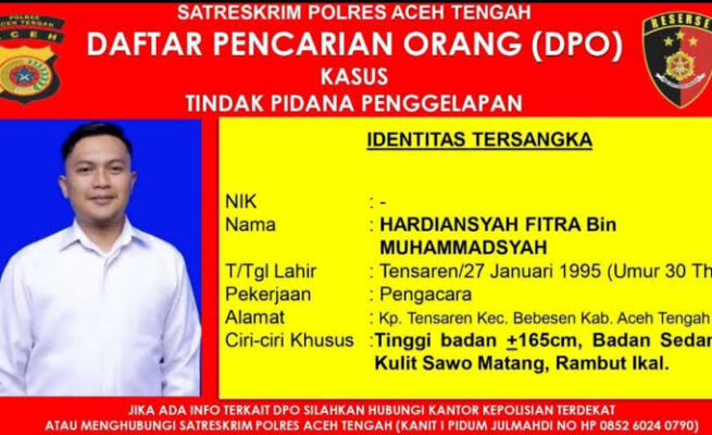 Seorang pengacara di Aceh Tengah, Hardiansyah Fitra (30), masuk DPO Satreskrim Polres Aceh Tengah. (Foto: Ist)