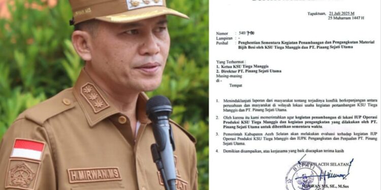 IMG-20250721-WA0057 | Infoaceh.net Bupati Aceh Selatan H Mirwan MS menghentikan sementara aktivitas penambangan dan pengangkutan material bijih besi yang dilakukan Koperasi Serba Usaha(KSU) Tiega Manggis dan PT Pinang Sejati Utama (PT. PSU). (Foto: Ist)