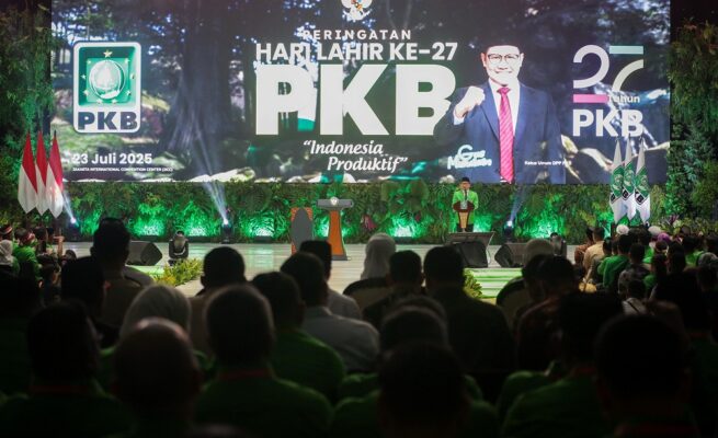 Gus Muhaimin saat peringatan Hari Lahir (Harlah) ke-27 PKB di Jakarta Convention Center (JCC), Senayan, Rabu malam, 23 Juli 2025.