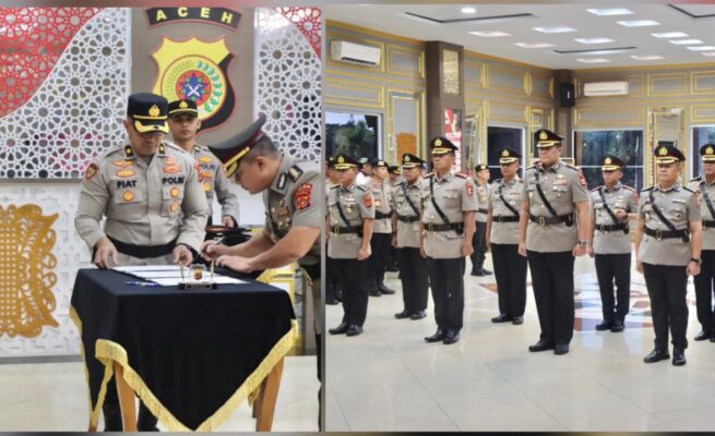 Kapolda Aceh Irjen Pol Achmad Kartiko memimpin upacara serah terima jabatan empat pejabat utama dan dua kapolres jajaran Polda Aceh di lobi Mapolda Aceh, Kamis, 10 Juli 2025. (Foto: Ist)