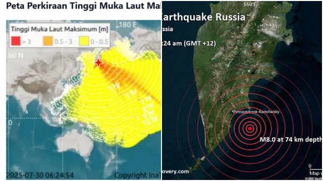 Gempa dahsyat berkekuatan Magnitudo 8,7 mengguncang pesisir timur Semenanjung Kamchatka, Rusia, pada Rabu, 30 Juli 2025 pukul 06.24 WIB.